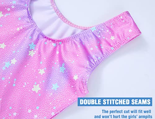 TENVDA Gymnastics Leotards for Girls 5-6 Years Old Tank Tumbling Outfit Sparkly Pink Stars Printed Durable Training Bodysuits - Image 4
