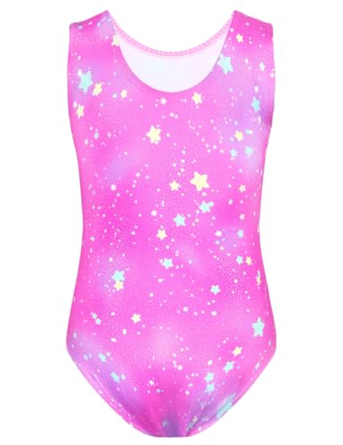 TENVDA Gymnastics Leotards for Girls 5-6 Years Old Tank Tumbling Outfit Sparkly Pink Stars Printed Durable Training Bodysuits - Image 2