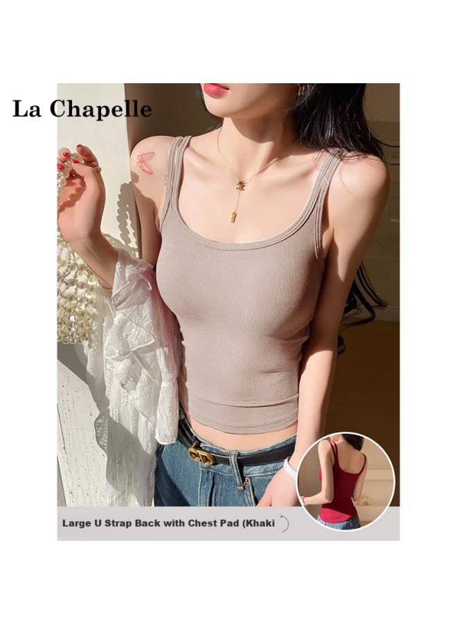 La Chapelle Padded Small Strap Tank Top Women's Innerwear  New Integrated Bra Large U Back Khaki S - Image 1