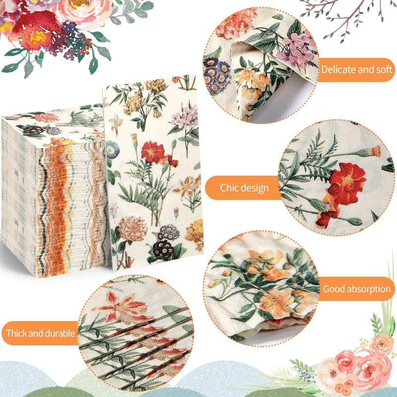 Tatuo Tatuo Floral Paper Napkins Watercolor Floral Guest Napkins Vintage Wild Flower Disposable Hand Towels Flower Decorative Paper Guest for Bathroom Wedding Birthday Party (200 Pieces 4.3 x 7.9 Inch)  - Image 1