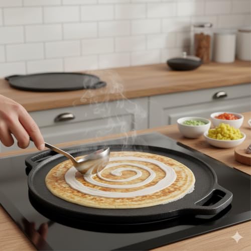 ROSTON Cast Iron Tawa Dosa | Cookware Flat Vessel Pre Seasoned | Ideal for Cooking Dosa Chapati Pizza Roti Thava(Thava Kallu Kitchen Accessories) - Image 2