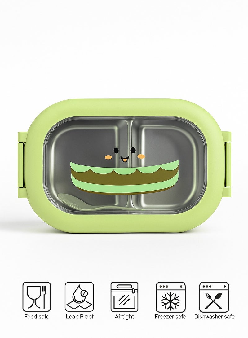 توشيونيكس صندوق غداء من الفولاذ المقاوم للصدأ مكون من حجرتين مع ملعقة، وغطاء كرتوني، وتصميم مانع للتسرب، وصينية قابلة للإزالة، وخالي من مادة BPA - سعة 1 لتر، للمدرسة والمكتب والسفر - Image 1