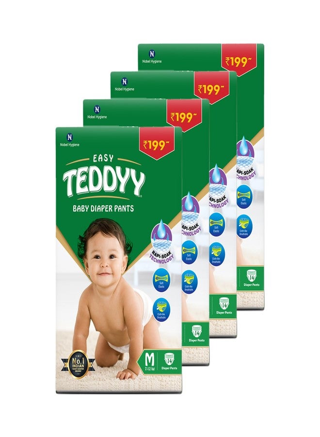 TEDDYY Easy Baby M Size Diaper Pant Style | 56 Count (Medium) | 7–12 kg (Pack of 4) | Long Protection Hours | Anti-Bacterial | Airy Breathable Fit | Rapid Soaker Channels with Wetness Indicator - Image 1
