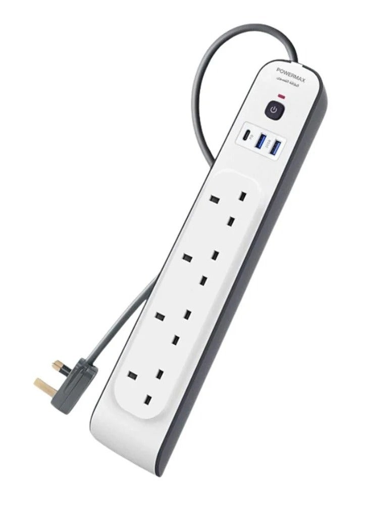 PowerMax Power Strip, Multi-function Power Socket, White and Gray 4-Port, 2 USB Ports and 1 USB-C Port with Ultra-Fast PD Technology, Multi-Port Socket Suitable for All Devices, Extra Long MX70 - Image 2