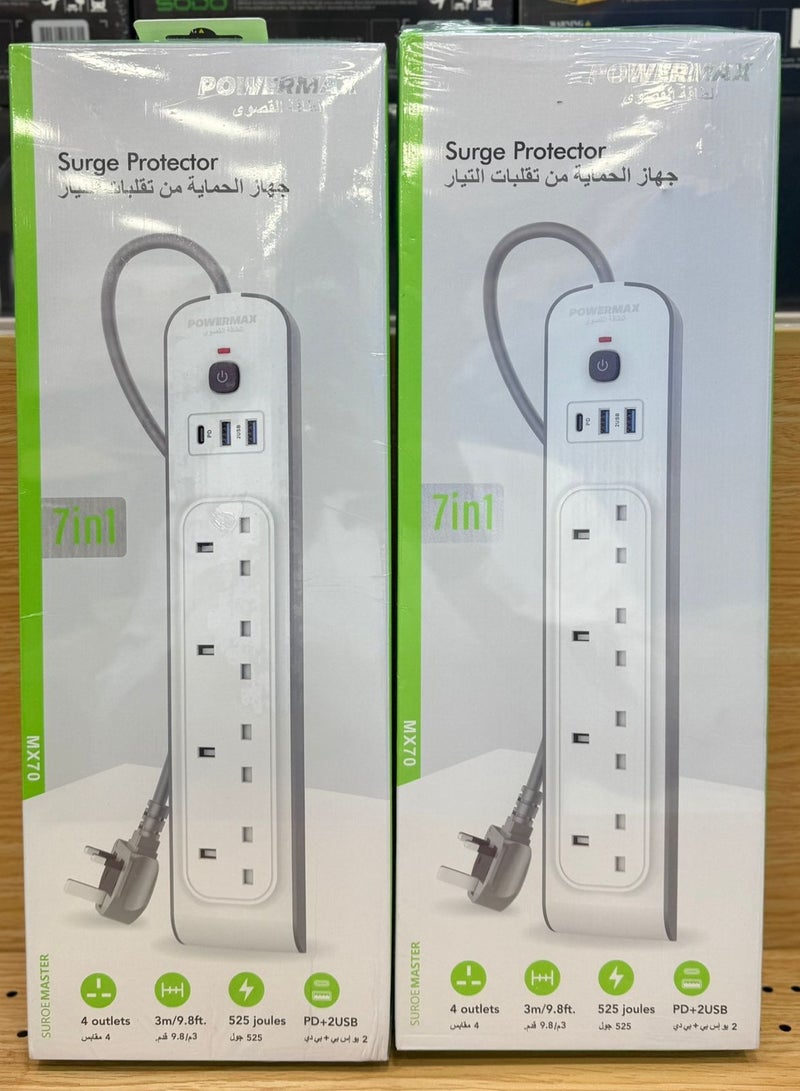 PowerMax Power Strip, Multi-function Power Socket, White and Gray 4-Port, 2 USB Ports and 1 USB-C Port with Ultra-Fast PD Technology, Multi-Port Socket Suitable for All Devices, Extra Long MX70 - Image 1