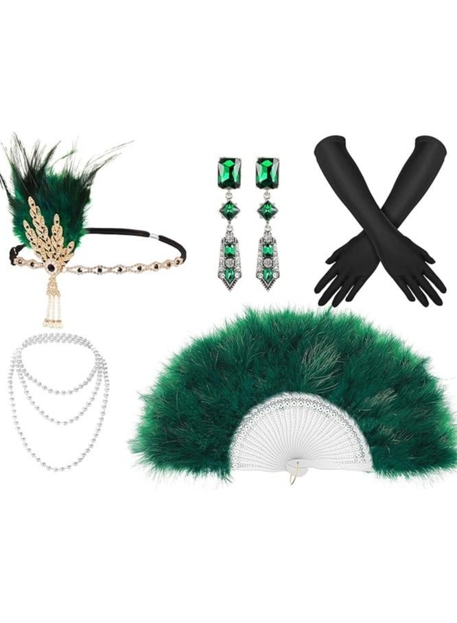 1920s Flapper Costume Accessories Set, Gatsby Costume Accessories Set for Women 20s Headpiece Earrings Gloves Holder Pearl Necklace and Feather Fan (Green) - Image 1