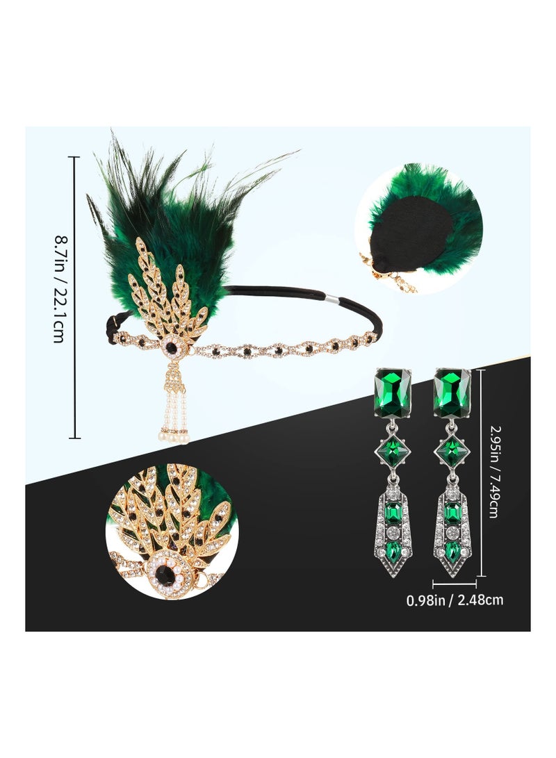 1920s Flapper Costume Accessories Set, Gatsby Costume Accessories Set for Women 20s Headpiece Earrings Gloves Holder Pearl Necklace and Feather Fan (Green) - Image 2