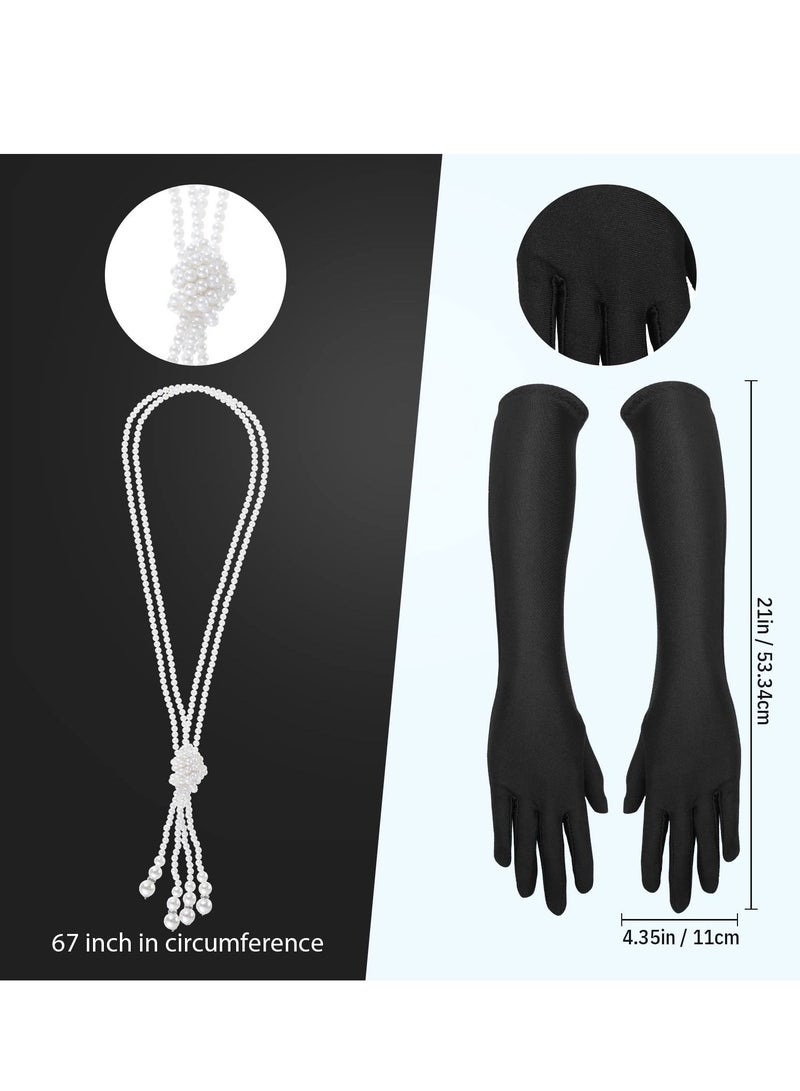 1920s Flapper Costume Accessories Set, Gatsby Costume Accessories Set for Women 20s Headpiece Earrings Gloves Holder Pearl Necklace and Feather Fan (Green) - Image 3