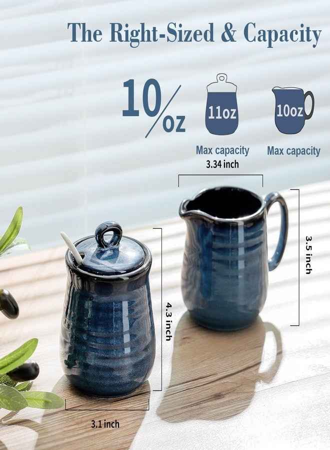 Tikooere Ceramic Sugar and Creamer Container Set of 3,10 Ounce Cream Pitcher,11 Ounce Sugar Bowl with Lid and Spoon,Farmhouse Coffee Bar Accessories Set for Serving,Microwave & Dishwasher Safe,Blue - Image 2