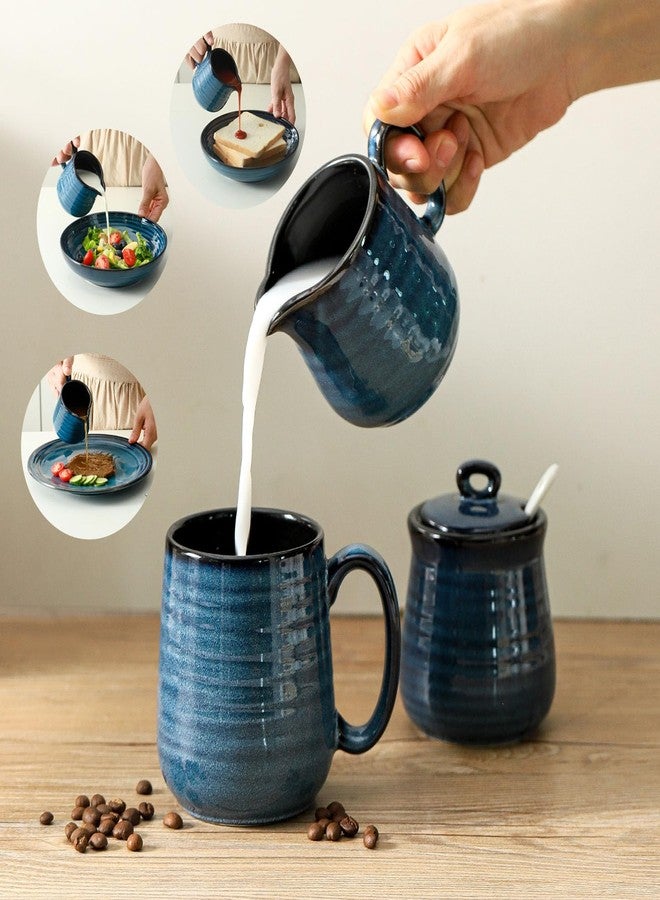 Tikooere Ceramic Sugar and Creamer Container Set of 3,10 Ounce Cream Pitcher,11 Ounce Sugar Bowl with Lid and Spoon,Farmhouse Coffee Bar Accessories Set for Serving,Microwave & Dishwasher Safe,Blue - Image 4