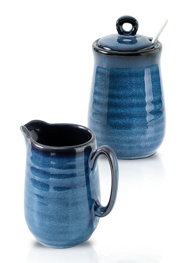 Tikooere Ceramic Sugar and Creamer Container Set of 3,10 Ounce Cream Pitcher,11 Ounce Sugar Bowl with Lid and Spoon,Farmhouse Coffee Bar Accessories Set for Serving,Microwave & Dishwasher Safe,Blue - Image 1