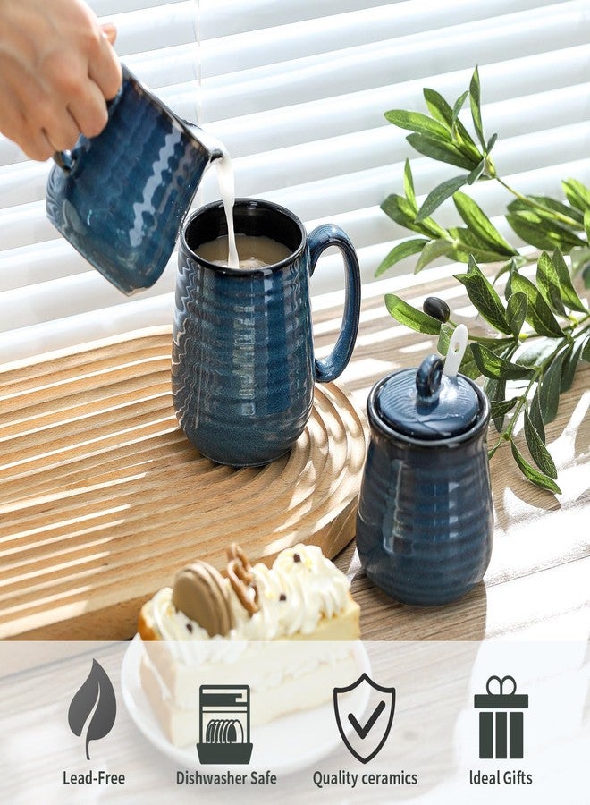 Tikooere Ceramic Sugar and Creamer Container Set of 3,10 Ounce Cream Pitcher,11 Ounce Sugar Bowl with Lid and Spoon,Farmhouse Coffee Bar Accessories Set for Serving,Microwave & Dishwasher Safe,Blue - Image 3