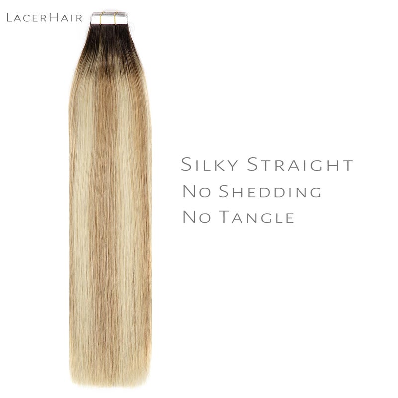 LacerHair Tape in Natural Hair Extensions Human Hair 14 Inch Tape in Human Hair Extensions Color Caramel blonde Mixed Bleach blonde with Darkest Brown Roots 50 Gram Remy Human Hair Tape Ins R#2-27/613 - Image 4