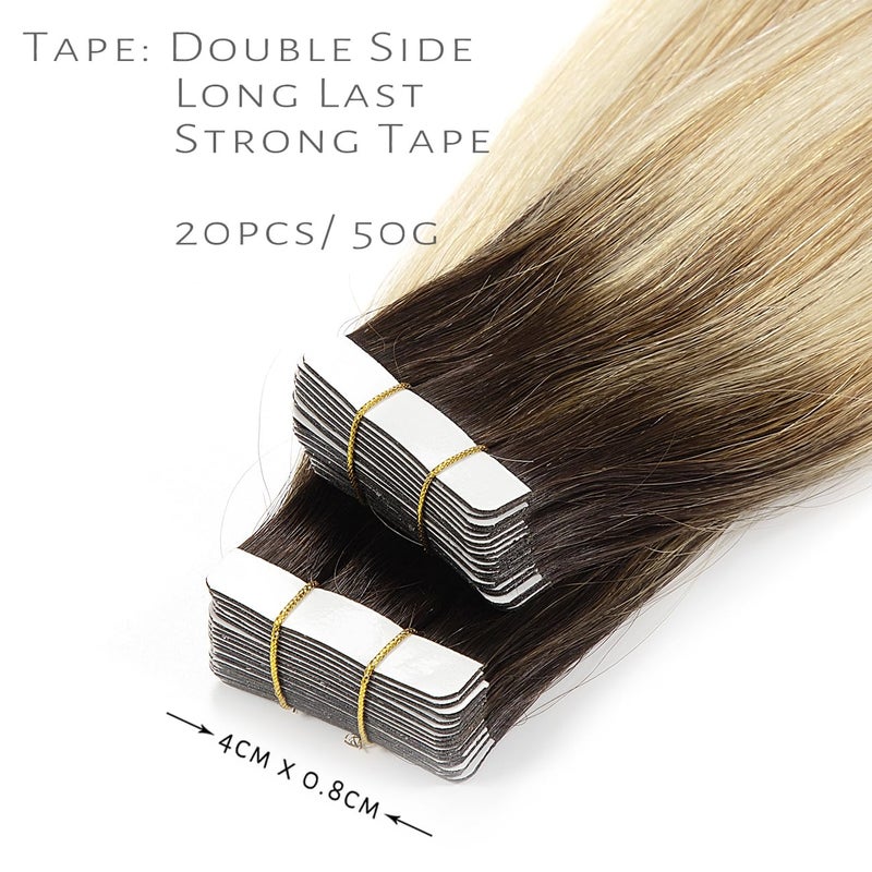 LacerHair Tape in Natural Hair Extensions Human Hair 14 Inch Tape in Human Hair Extensions Color Caramel blonde Mixed Bleach blonde with Darkest Brown Roots 50 Gram Remy Human Hair Tape Ins R#2-27/613 - Image 3