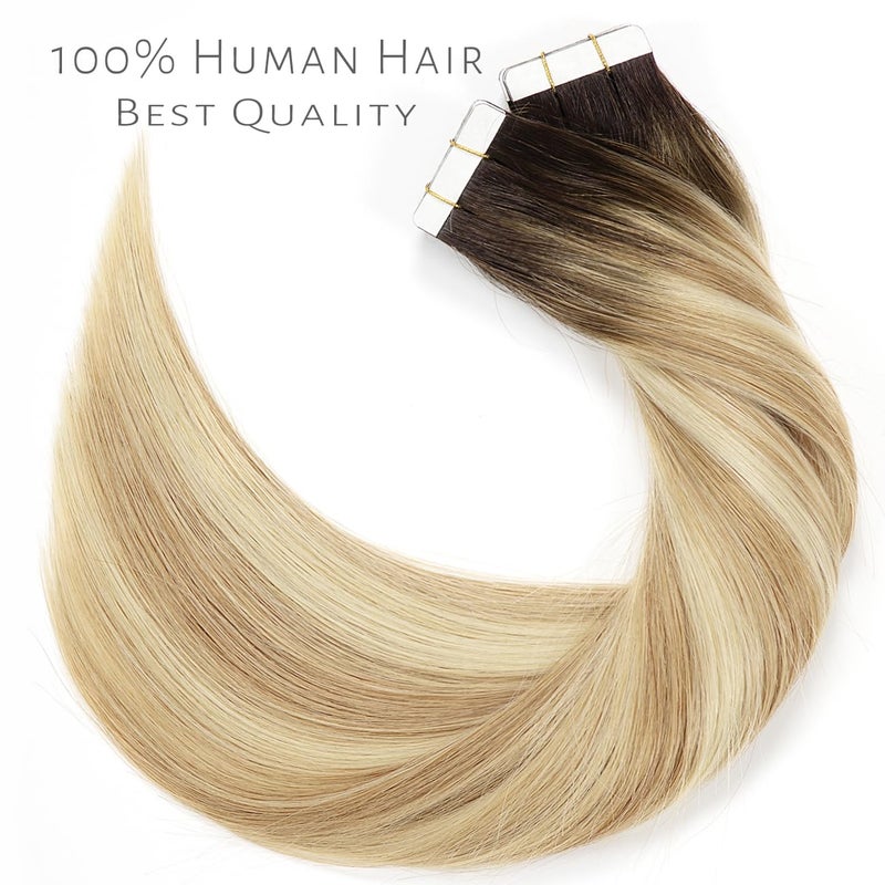 LacerHair Tape in Natural Hair Extensions Human Hair 14 Inch Tape in Human Hair Extensions Color Caramel blonde Mixed Bleach blonde with Darkest Brown Roots 50 Gram Remy Human Hair Tape Ins R#2-27/613 - Image 5