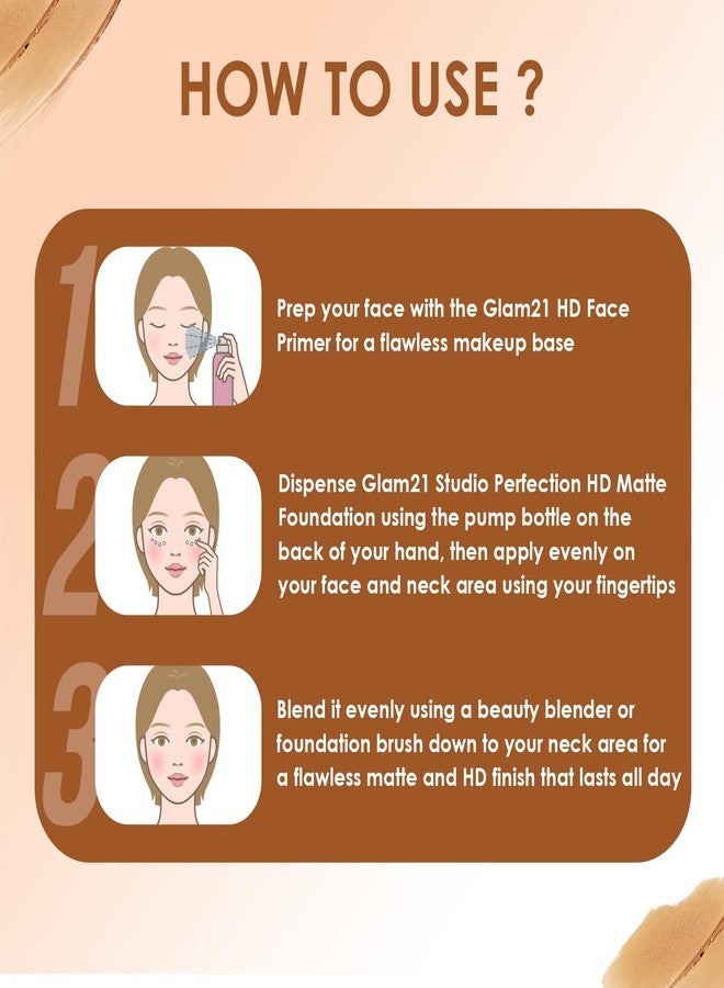 جلام 21 كريم أساس Glam21 Studio Perfection HD Matte - لمسة نهائية مطفية | تغطية كاملة قابلة للمزج | يدوم طويلاً ومقاوم للماء | غني بحمض الهيالورونيك | يتحكم في إفراز الزيوت - للبشرة العادية - لون عاجي 30 مل - Image 4