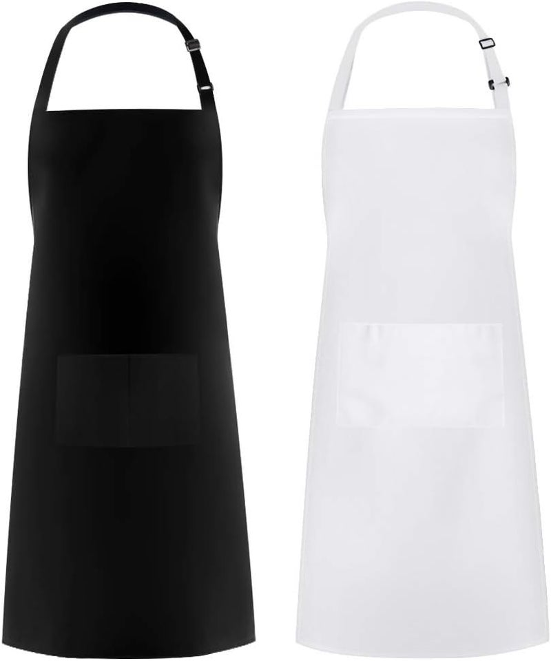 Syntus 2 Pack Adjustable Bib Apron Thicker Version Waterdrop Resistant with 2 Pockets Cooking Kitchen Aprons for Women Men Chef, White & Black - Image 1