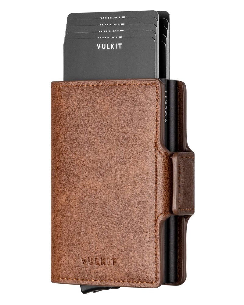 VULKIT Credit Card Holder RFID Blocking Leather Automatic Pop Up Wallet Magnetic Wallet Double Card Case for Men and Women Brown - Image 1