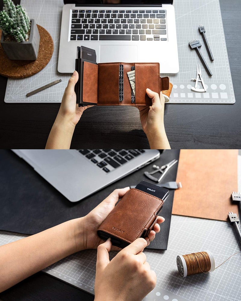 VULKIT Credit Card Holder RFID Blocking Leather Automatic Pop Up Wallet Magnetic Wallet Double Card Case for Men and Women Brown - Image 4