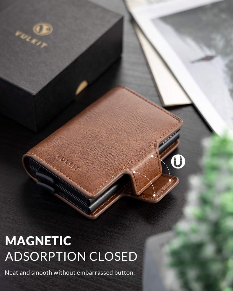 VULKIT Credit Card Holder RFID Blocking Leather Automatic Pop Up Wallet Magnetic Wallet Double Card Case for Men and Women Brown - Image 5