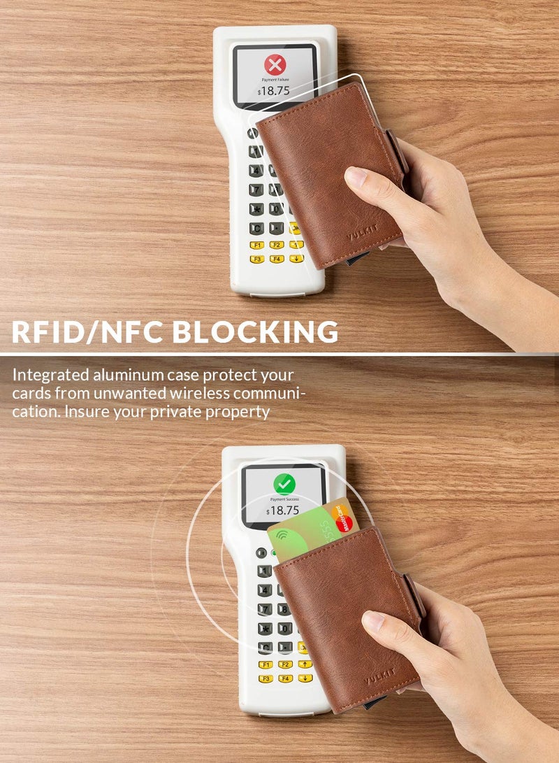 VULKIT Credit Card Holder RFID Blocking Leather Automatic Pop Up Wallet Magnetic Wallet Double Card Case for Men and Women Brown - Image 3