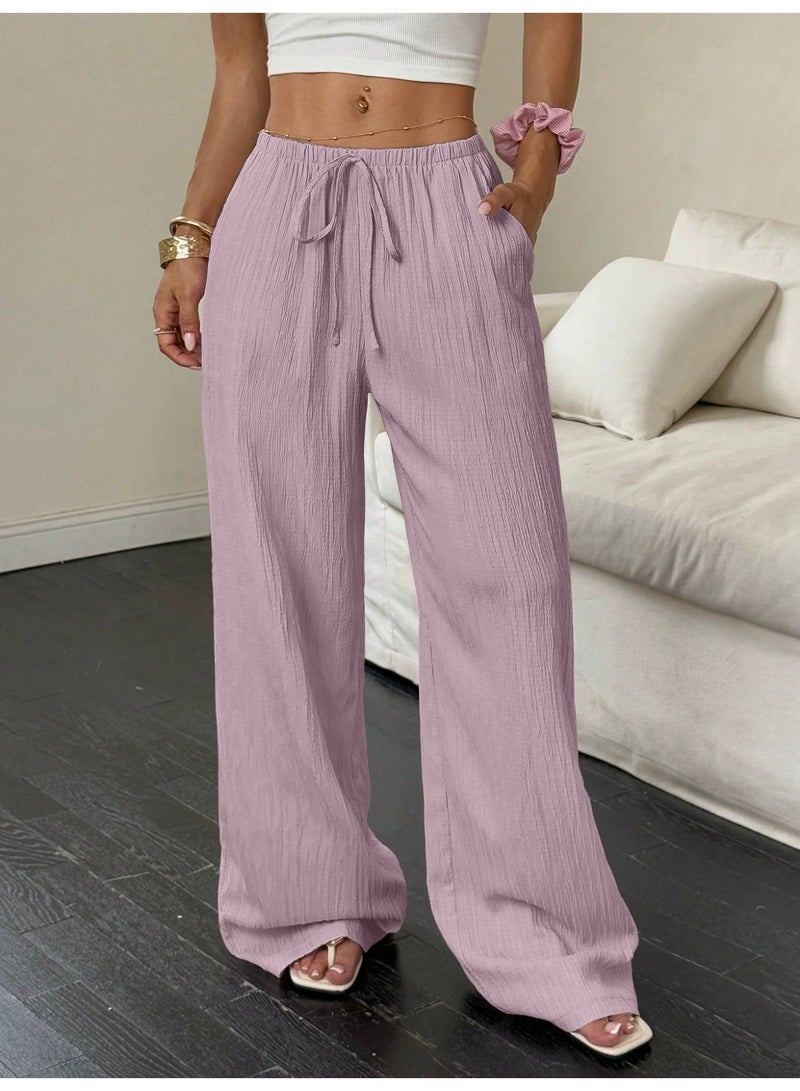 general 2025-2026 Women's casual solid-textured fabric knotted waist slant pocket wide-leg pants - Image 1