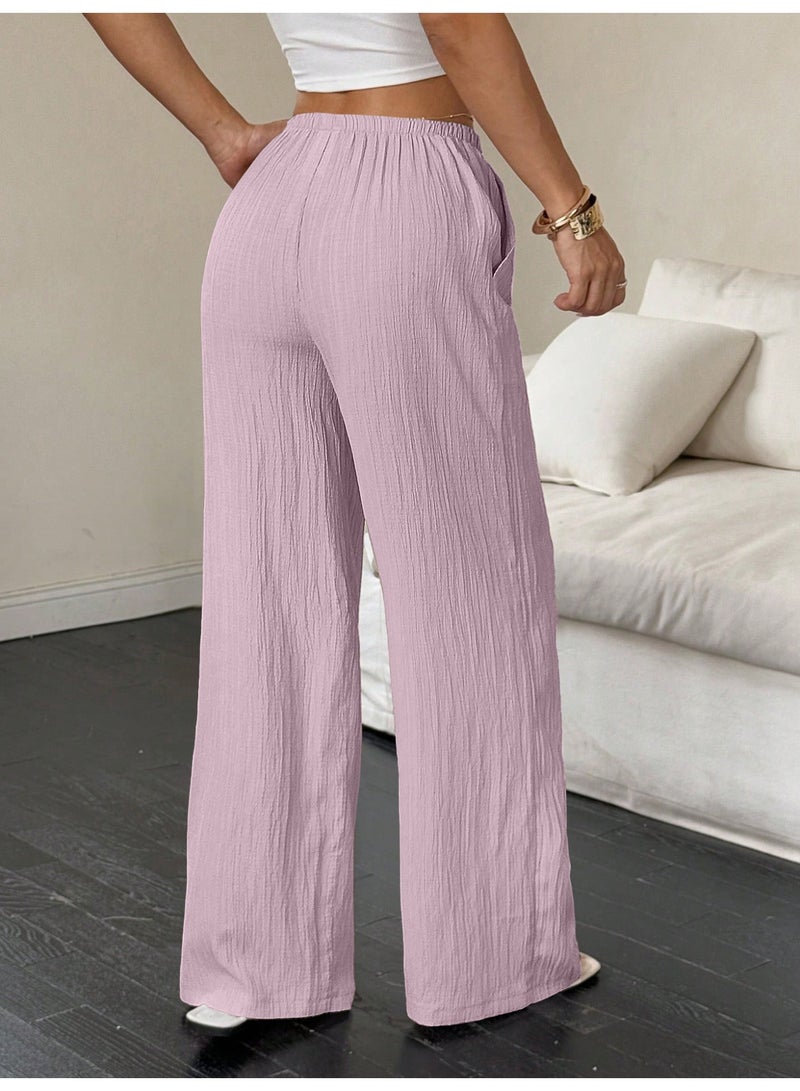 general 2025-2026 Women's casual solid-textured fabric knotted waist slant pocket wide-leg pants - Image 2