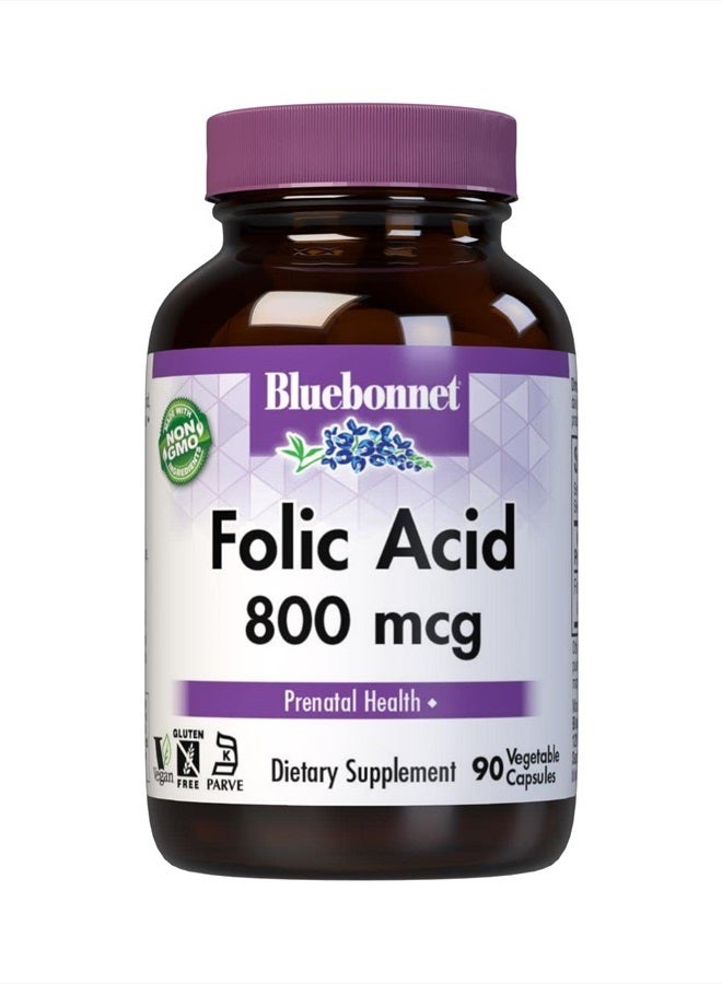 BlueBonnet Nutrition Folic Acid 800mcg, Healthy Neurological Development*, Soy-Free, Gluten-Free, Non-GMO, Kosher Certified, Dairy-Free, Vegan, 90 Vegetable Capsules - Image 1