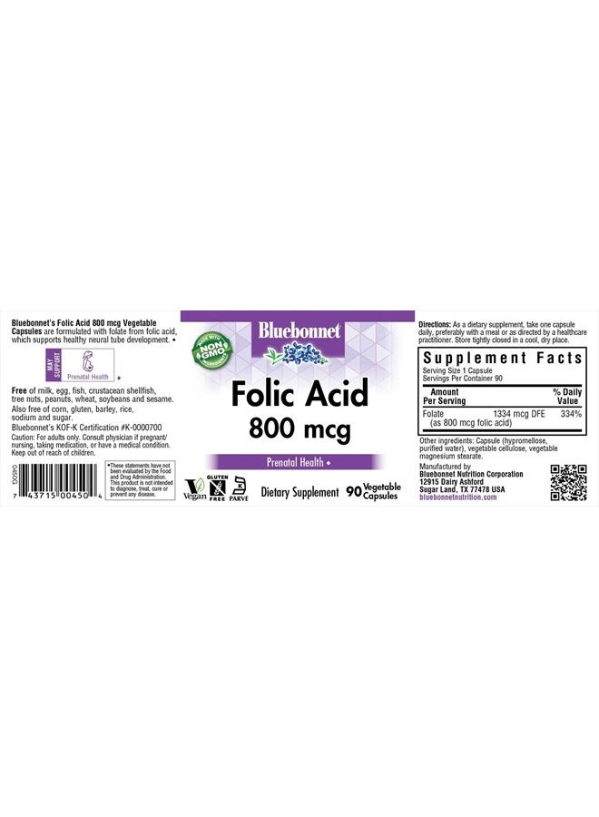 BlueBonnet Nutrition Folic Acid 800mcg, Healthy Neurological Development*, Soy-Free, Gluten-Free, Non-GMO, Kosher Certified, Dairy-Free, Vegan, 90 Vegetable Capsules - Image 2