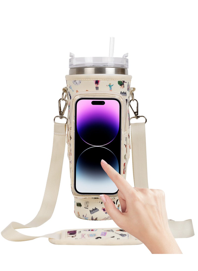 Stanley Water Bottle Carrier Bag for Stanley 40oz Tumbler, Water Bottle Holder with Pouch and Adjustable Strap, Sleeve Accessories with Pocket for 40oz Cup (White)