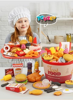 Toyzey 80 Pcs Pretend Playset Food Toy for Kids Aged 2+,  Children's Kitchen Game Fast Food Hamburger Toy Set with Storage Bucket, Pizza, Burger, Ice Cream, Hot Dog, Educational Toy Gift for Boys Girls  - Image 4
