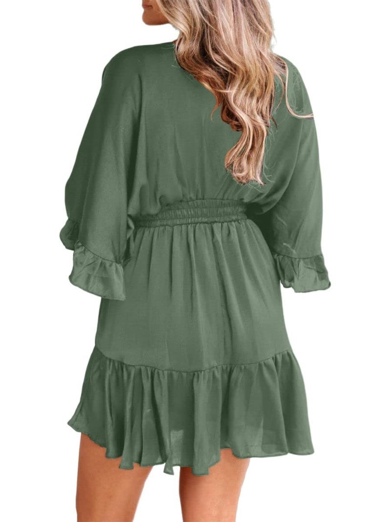 Aoysky Womens V Neck Casual Dresses Summer Loose High Waist Ruffle Pleated Cute Mini Short Dress Green - Image 3