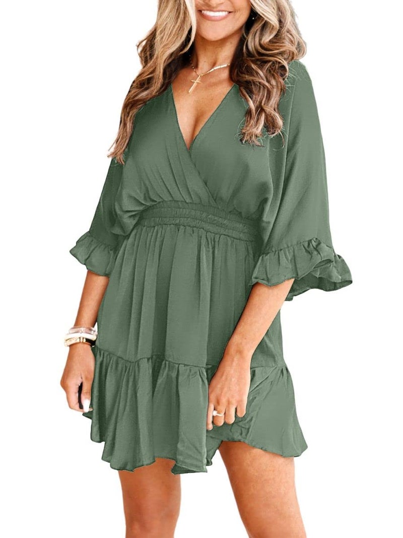 Aoysky Womens V Neck Casual Dresses Summer Loose High Waist Ruffle Pleated Cute Mini Short Dress Green - Image 2