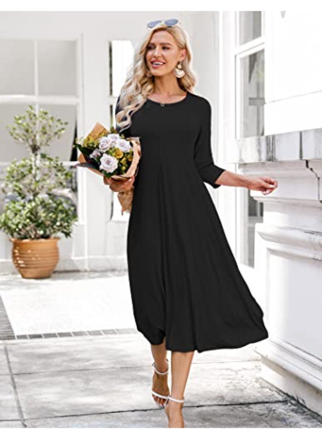 Hotouch Women's 3/4 Sleeve A-line and Flare Midi Long Dress - Image 3