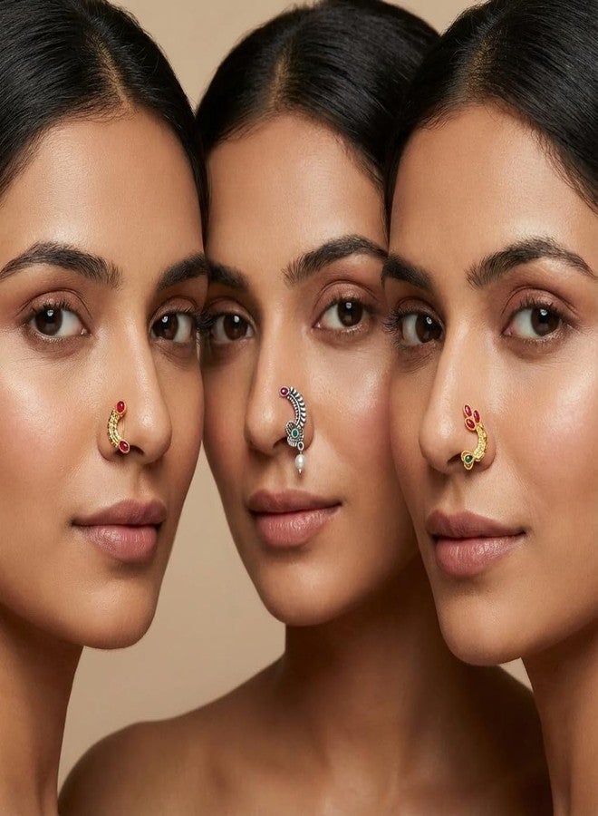 طقم حلقات الأنف التقليدية الذهبية والمؤكسدة من AAIKU، طقم ناث ماهاراشتري للفتيات والسيدات (مجموعة - NP1976-Des1-3 وNP1668-Des2) - Image 2
