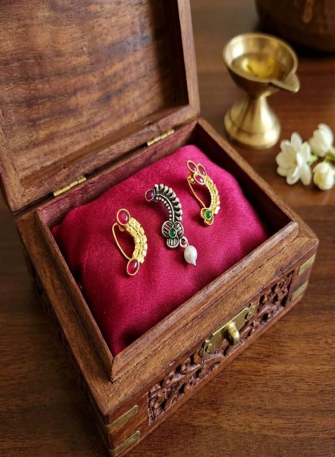 طقم حلقات الأنف التقليدية الذهبية والمؤكسدة من AAIKU، طقم ناث ماهاراشتري للفتيات والسيدات (مجموعة - NP1976-Des1-3 وNP1668-Des2) - Image 3