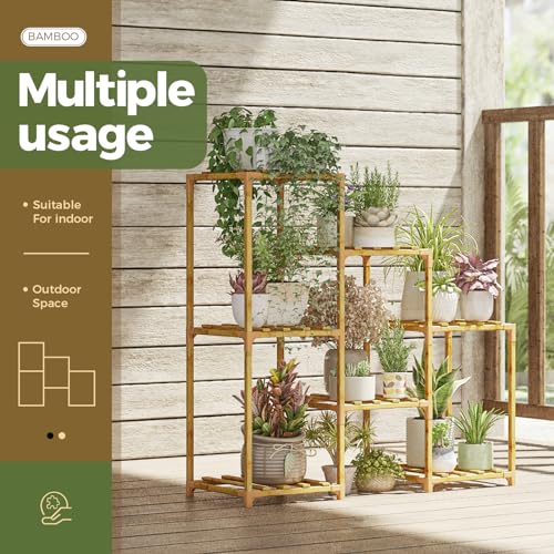 Bamworld Bamboo Plant Stand Indoor Boho Plant Shelf Tiered Plant Rack for Multiple Plants 3 Tiers 7 Pots Ladder Plant Holder Plant Table for Plant Pots Home Decor for Gardening Gifts Nature Color - Image 3