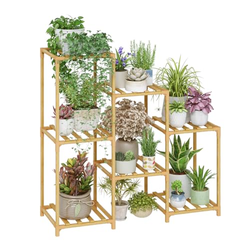 Bamworld Bamboo Plant Stand Indoor Boho Plant Shelf Tiered Plant Rack for Multiple Plants 3 Tiers 7 Pots Ladder Plant Holder Plant Table for Plant Pots Home Decor for Gardening Gifts Nature Color - Image 1