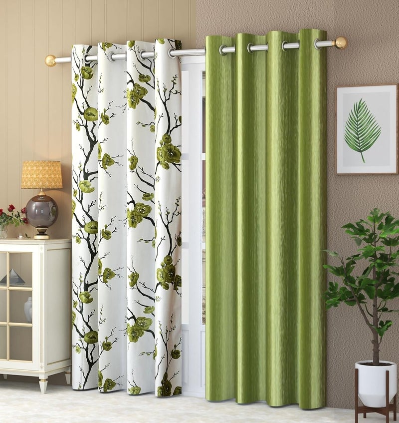 Yarnis Yarnis 5 feet Polyester LightFiltering 1 Floral Printed 1 Plain Eyelet Window Curtain Pista Green Combo Pack of 2 - Image 1