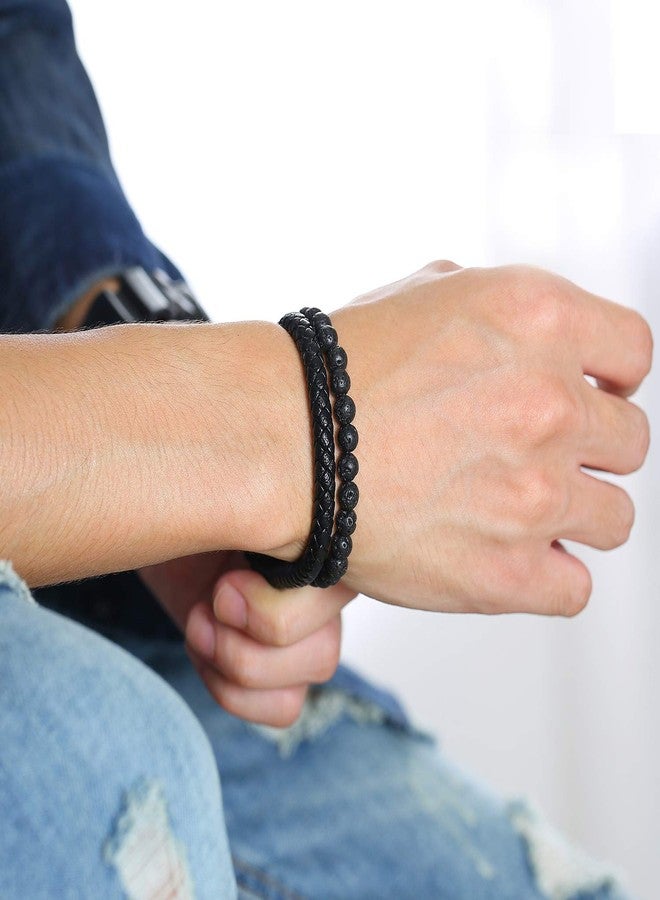 VNOX Two-Strand Braided Leather Cuff Wristband Bead Rope Bracelet Engraved Egyptian Eye of Horus Eye of Ra Ankh Cross Bracelet,Black - Image 5