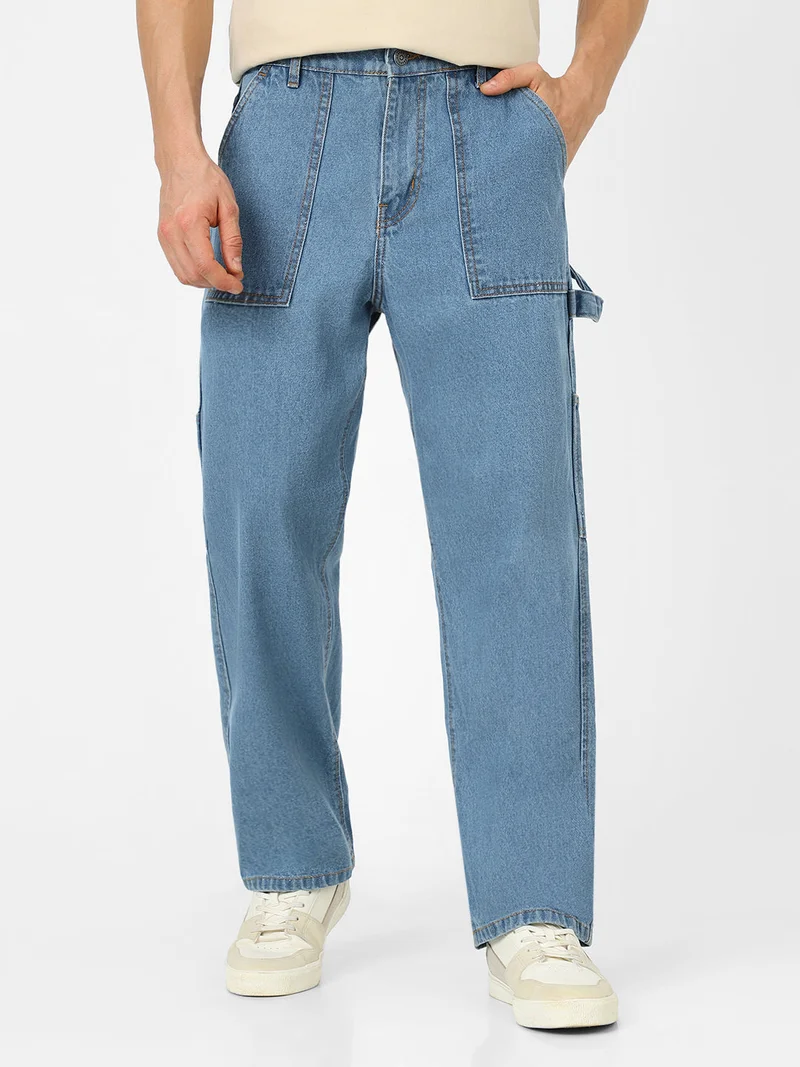 Urbano Fashion  Urbano Fashion Men's Light Blue Loose Fit Cargo Carpenter Jeans With 6 Pockets Non-Stretchable for Men | Best Price UAE