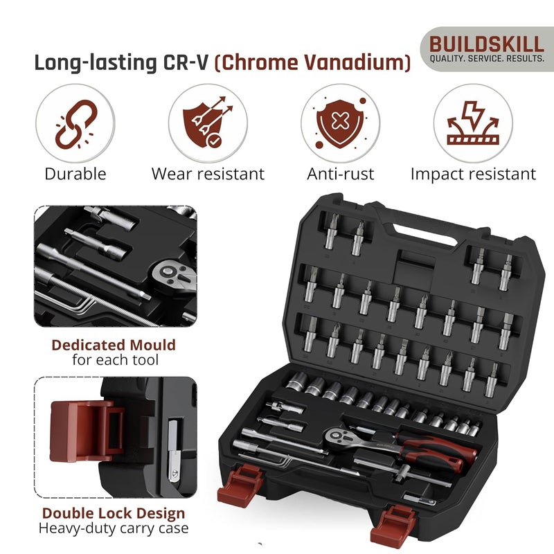 BUILDSKILL 1/4 inch socket set | 46 piece - heavy duty CR-V material | flexible extension bar | quick release reversible ratchet | TPR anti-slip grip | socket wrench set for car & bicycle repairing - Image 4