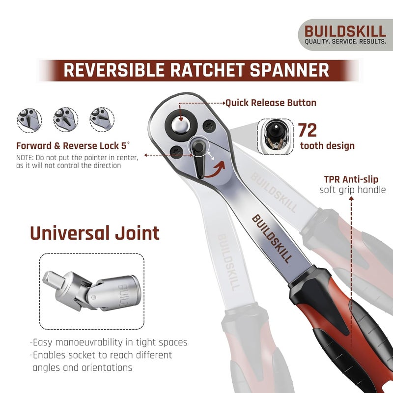 BUILDSKILL 1/4 inch socket set | 46 piece - heavy duty CR-V material | flexible extension bar | quick release reversible ratchet | TPR anti-slip grip | socket wrench set for car & bicycle repairing - Image 3