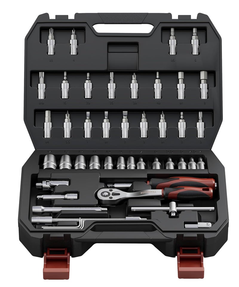 BUILDSKILL 1/4 inch socket set | 46 piece - heavy duty CR-V material | flexible extension bar | quick release reversible ratchet | TPR anti-slip grip | socket wrench set for car & bicycle repairing - Image 1