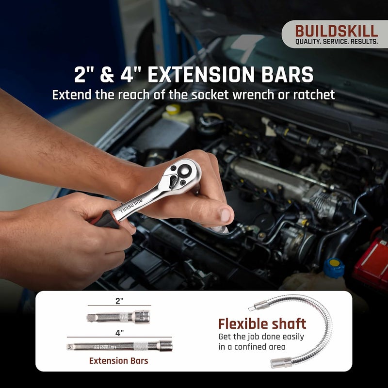 BUILDSKILL 1/4 inch socket set | 46 piece - heavy duty CR-V material | flexible extension bar | quick release reversible ratchet | TPR anti-slip grip | socket wrench set for car & bicycle repairing - Image 5