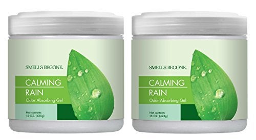 SMELLS BEGONE Air Freshener Odor Absorber Gel 15 oz Pack of 2 Absorbs and Eliminates Odor in Pet Areas Bathrooms Cars Boats Made with Essential Oils Calming Rain Scent