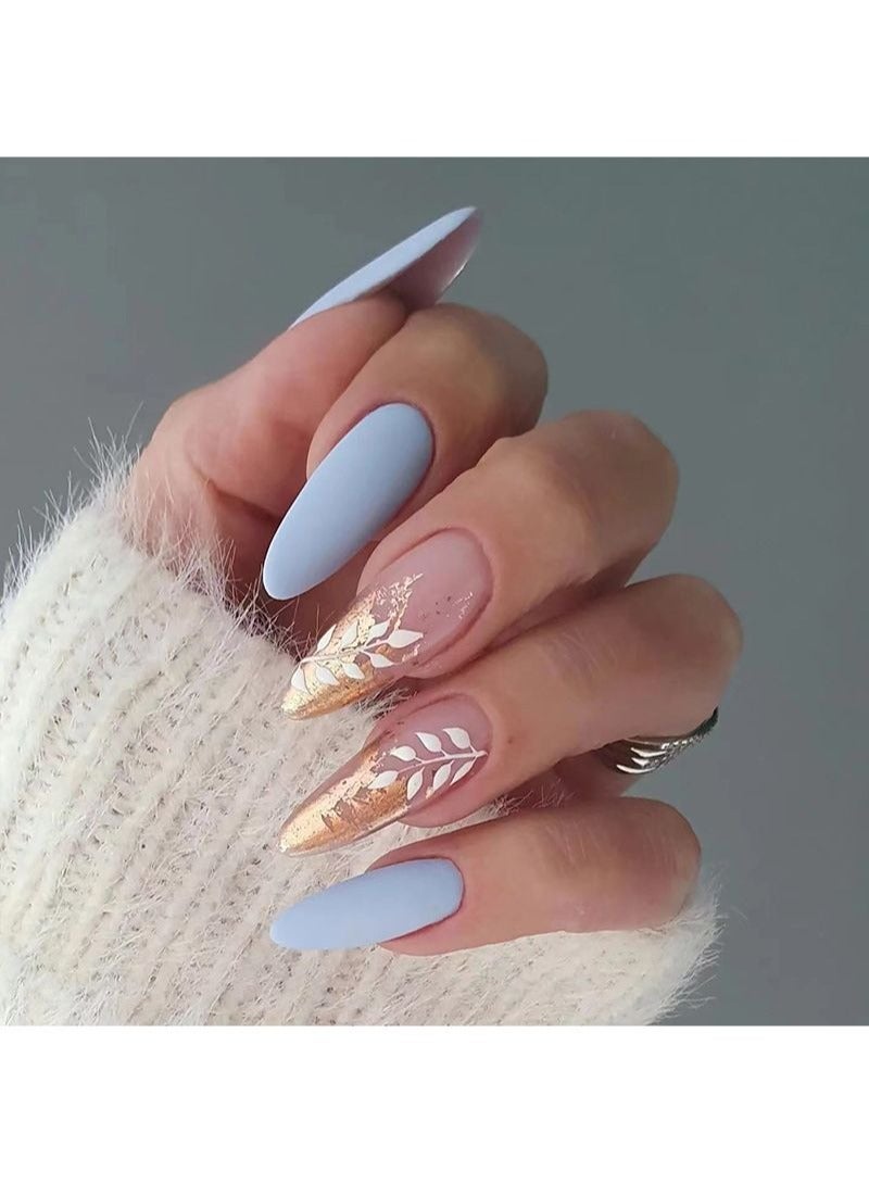 SCHAVO 24Pcs Frosted Platinum Leaves Almond Nails Fake Nails - Image 1