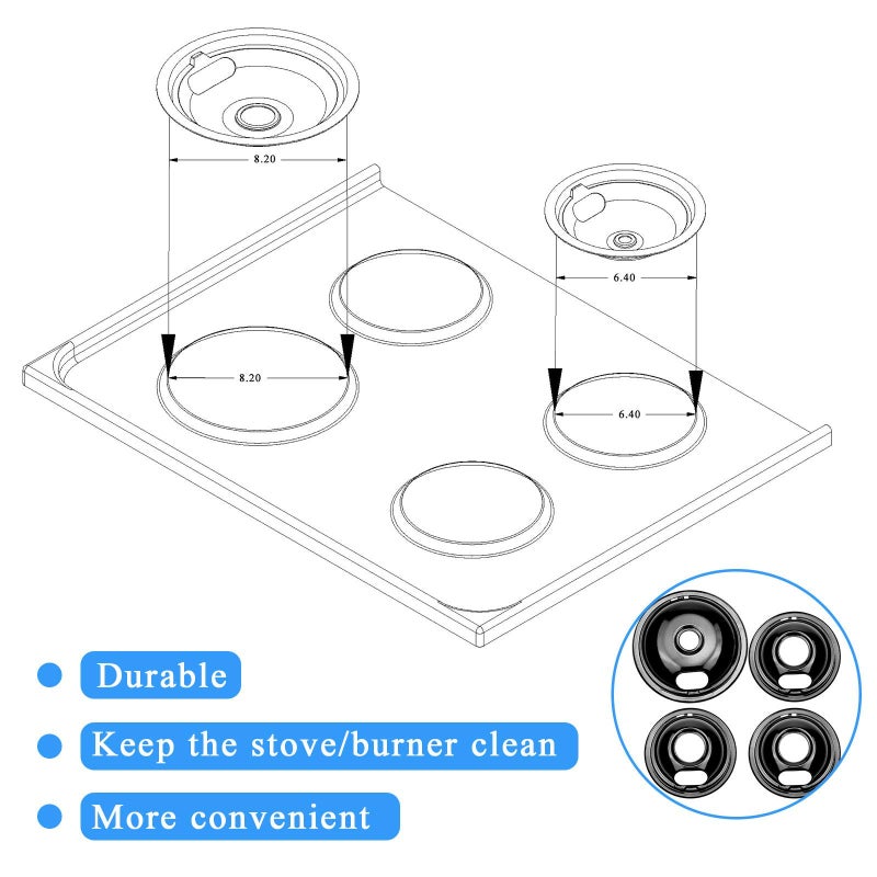 APPLIANCEMATES مجموعة مقالي التنقيط من البورسلين W10290350 W10290353، بديلة من قبل الأجهزة، تناسب أوعية التنقيط العلوية لموقد ويرلبول الكهربائي، 4 عبوات تتضمن 1 كبيرة 8 بوصة و3 صغيرة 6 بوصة (أسود) - Image 4