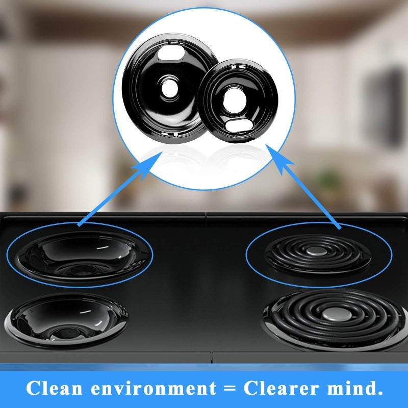 APPLIANCEMATES مجموعة مقالي التنقيط من البورسلين W10290350 W10290353، بديلة من قبل الأجهزة، تناسب أوعية التنقيط العلوية لموقد ويرلبول الكهربائي، 4 عبوات تتضمن 1 كبيرة 8 بوصة و3 صغيرة 6 بوصة (أسود) - Image 5
