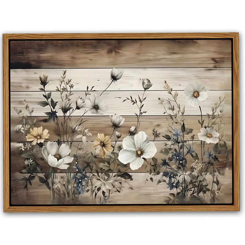 AKWISH Vintage Flowers Wall Art Canvas Prints, Rustic Pastoral Botanical Painting, Wood Grain Background Floral Artwork, Rural Farmhouse Wall Decor for Living Room Bedroom 12x16 inch Floating Framed - Image 1